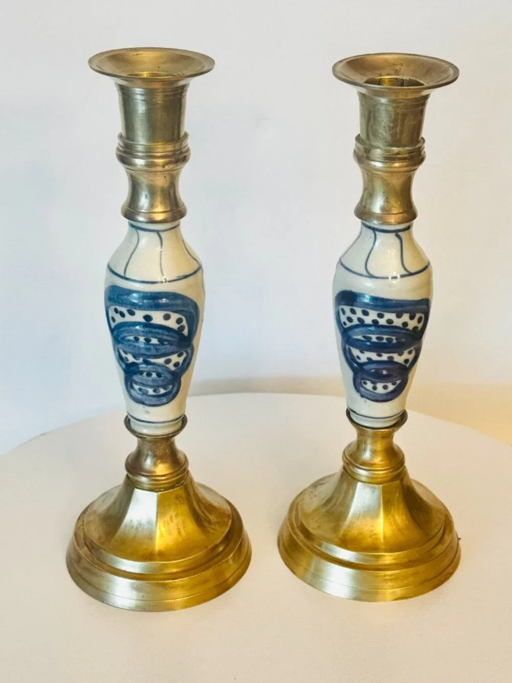 Pair Delft Vtg Blue White Ceramic Brass 9